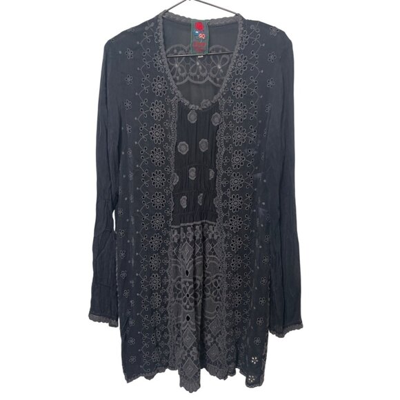 Johnny Was Black Embroidered Eyelet Tunic Dress S Boho Hippie Festival - Picture 1 of 6